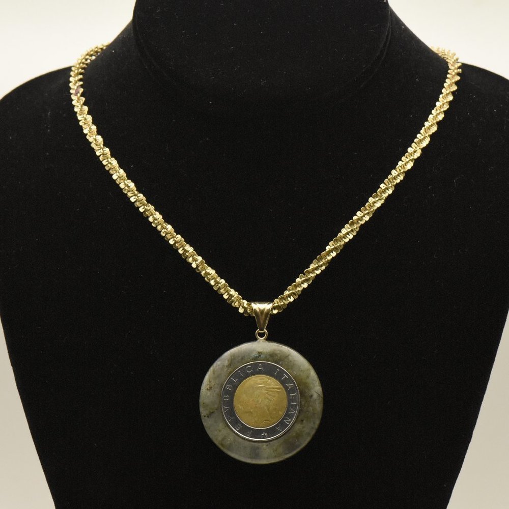 Milor - Vintage 14k Gold Labradorite Italian Lira Pendant on Tinsel Link Sterlin